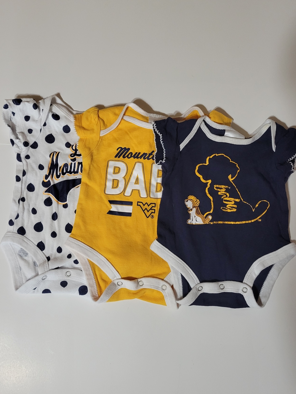 Title: WVU West Virginia Mountaineers Baby Bodysuit Lot 3 Pc 0-3M Russell Cotton